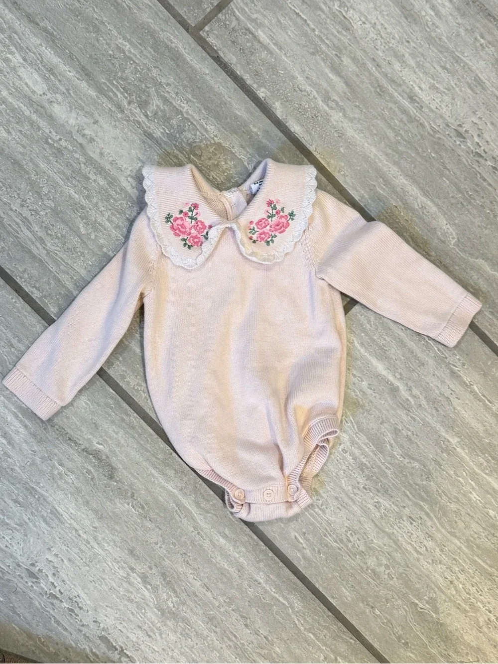 Soft Pink Embroidered Floral Collar Knit Sweater Bodysuit for Baby